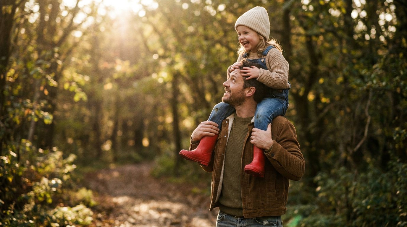 Noor op papa's schouders in het bos